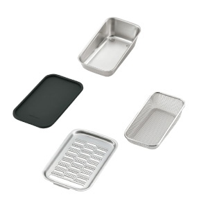 株式会社ツボエ おろし金部と容器、水切りザル、シリコーン蓋(敷板)